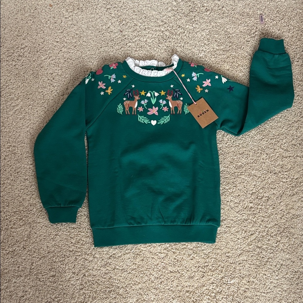 Mini Boden Green Crewneck Sweater with Embroidered Deer and Floral Yoke